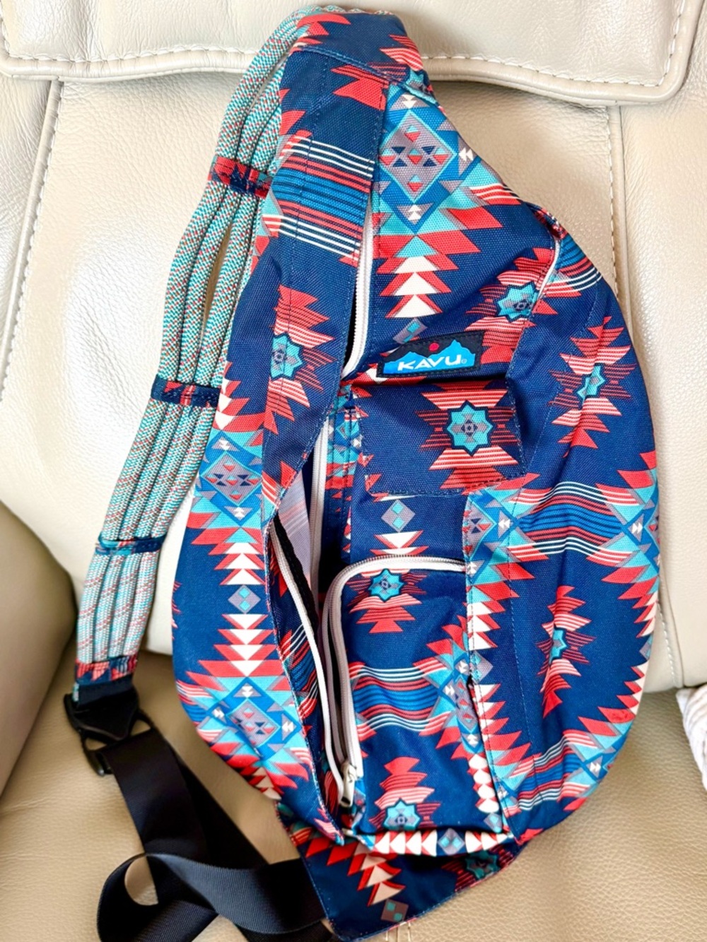 Kavu Aztec-Print Sling Bag in Navy, Red & Teal